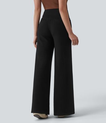 Ribbed Knit High Waisted Drawstring Tummy Control Casual Bootcut Pants with Pockets