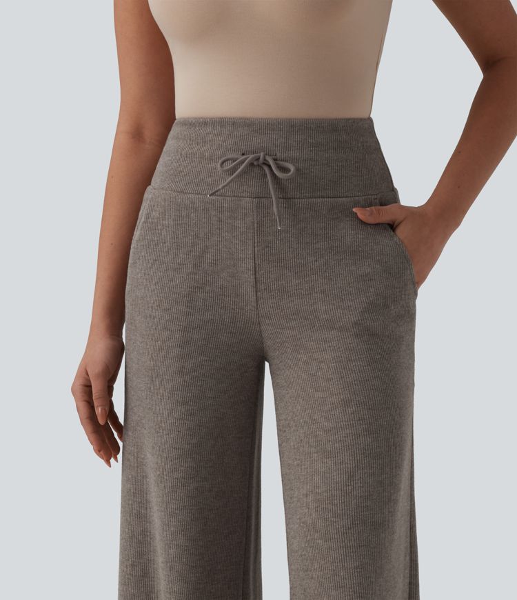 Ribbed Knit High Waisted Drawstring Tummy Control Casual Bootcut Pants with Pockets