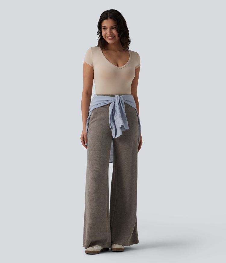 Ribbed Knit High Waisted Drawstring Tummy Control Casual Bootcut Pants with Pockets