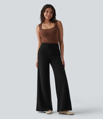 Ribbed Knit High Waisted Drawstring Tummy Control Casual Bootcut Pants with Pockets