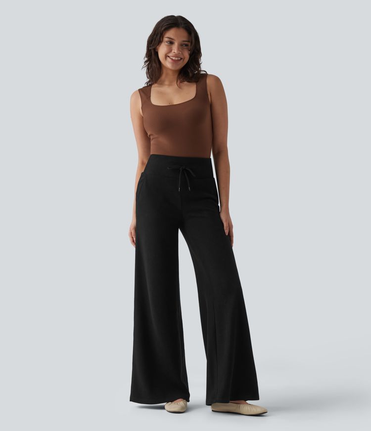 Ribbed Knit High Waisted Drawstring Tummy Control Casual Bootcut Pants with Pockets