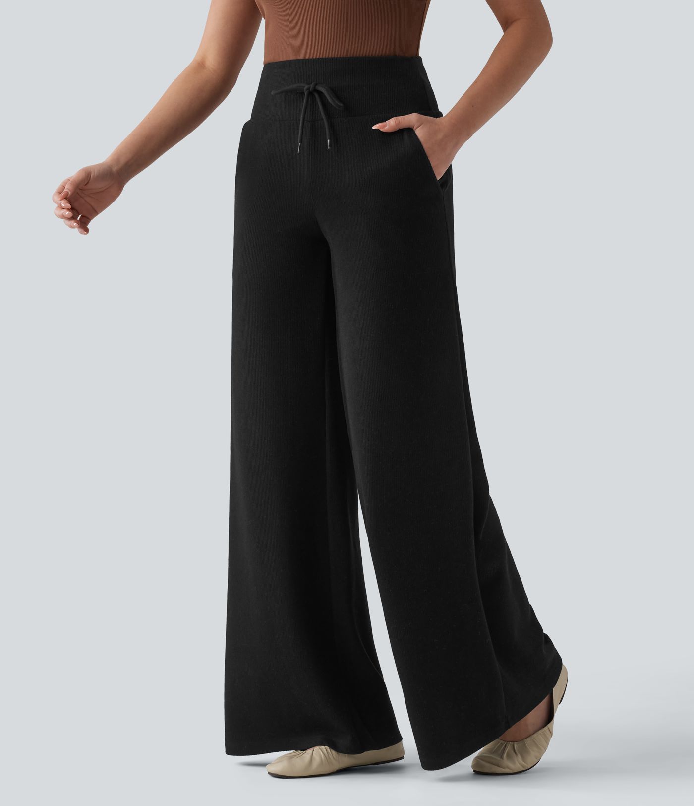 Ribbed Knit High Waisted Drawstring Tummy Control Casual Bootcut Pants with Pockets