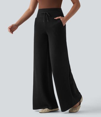 Ribbed Knit High Waisted Drawstring Tummy Control Casual Bootcut Pants with Pockets