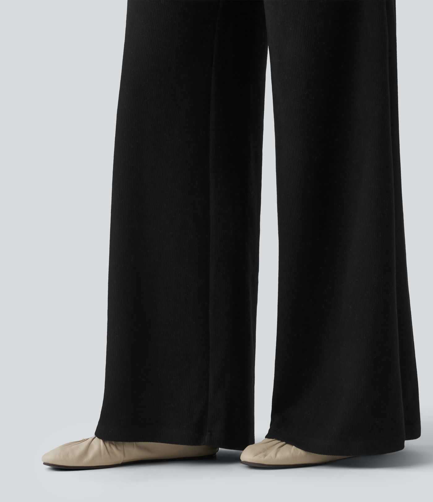 Ribbed Knit High Waisted Drawstring Tummy Control Casual Bootcut Pants with Pockets