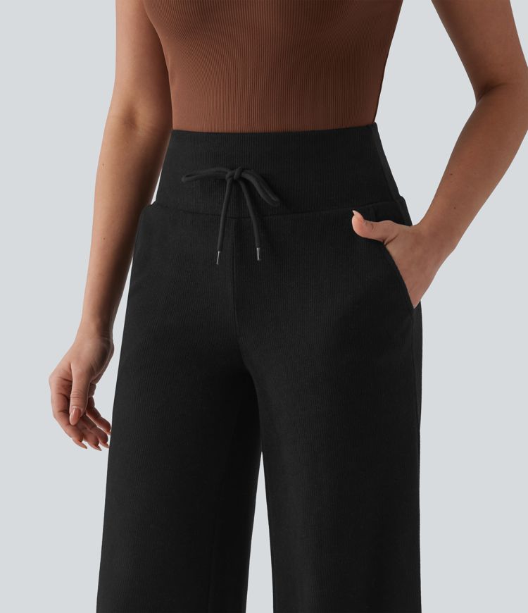 Ribbed Knit High Waisted Drawstring Tummy Control Casual Bootcut Pants with Pockets