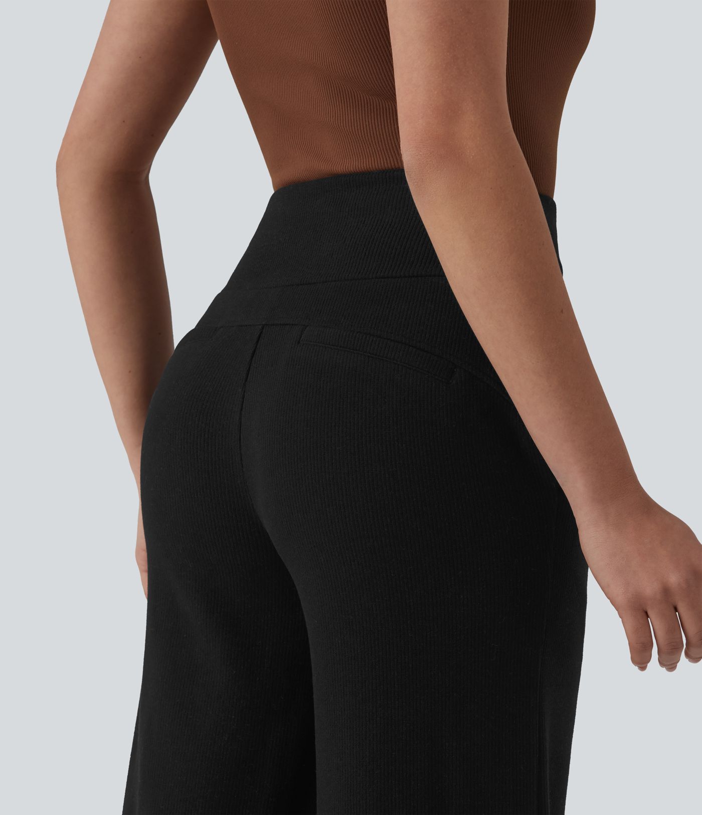 Ribbed Knit High Waisted Drawstring Tummy Control Casual Bootcut Pants with Pockets