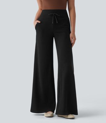 Ribbed Knit High Waisted Drawstring Tummy Control Casual Bootcut Pants with Pockets