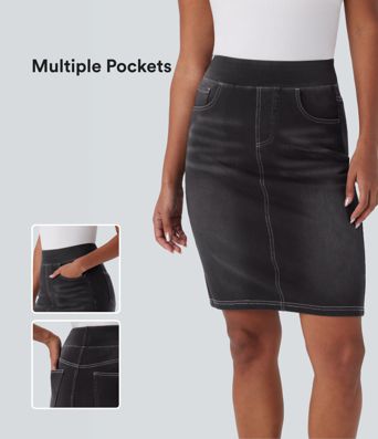 Halara Flex™ High Waisted Pockets Washed Denim Women Midi Casual Skirt Halara Flex™ High Waisted Pockets Washed Denim Women Midi Casual Skirt