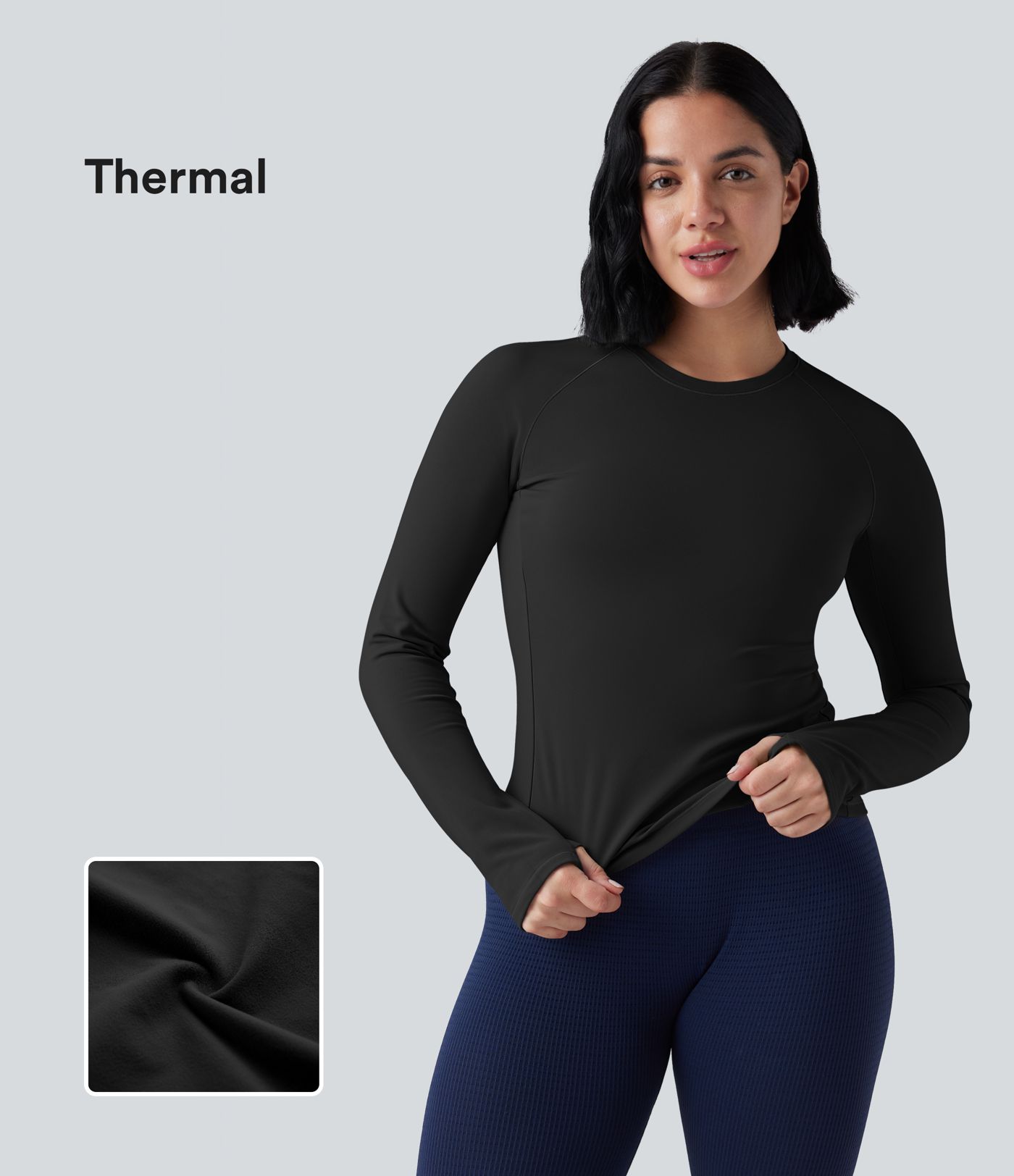 Thermo-Yoga-Sport-Top mit Rundhalsausschnitt, langen Ärmeln und Daumenlöchern Thermo-Yoga-Sport-Top mit Rundhalsausschnitt, langen Ärmeln und Daumenlöchern