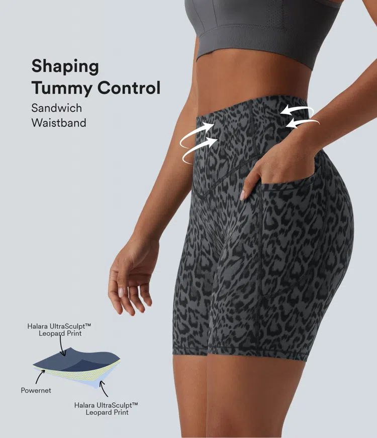 Halara UltraSculpt™ Leopard Print High Waisted Tummy Control Training Bike Running Shorts 7'' with Pockets