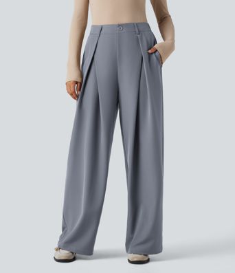 High-waisted Work Wide-leg Pants with Pockets