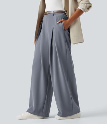 High-waisted Work Wide-leg Pants with Pockets