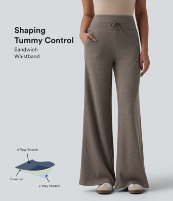 Ribbed Knit High Waisted Drawstring Tummy Control Casual Bootcut Pants with Pockets