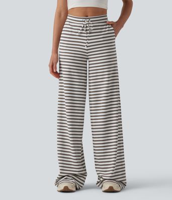 Mid Rise Drawstring Wide Leg Stripe Yoga Pants with Pockets