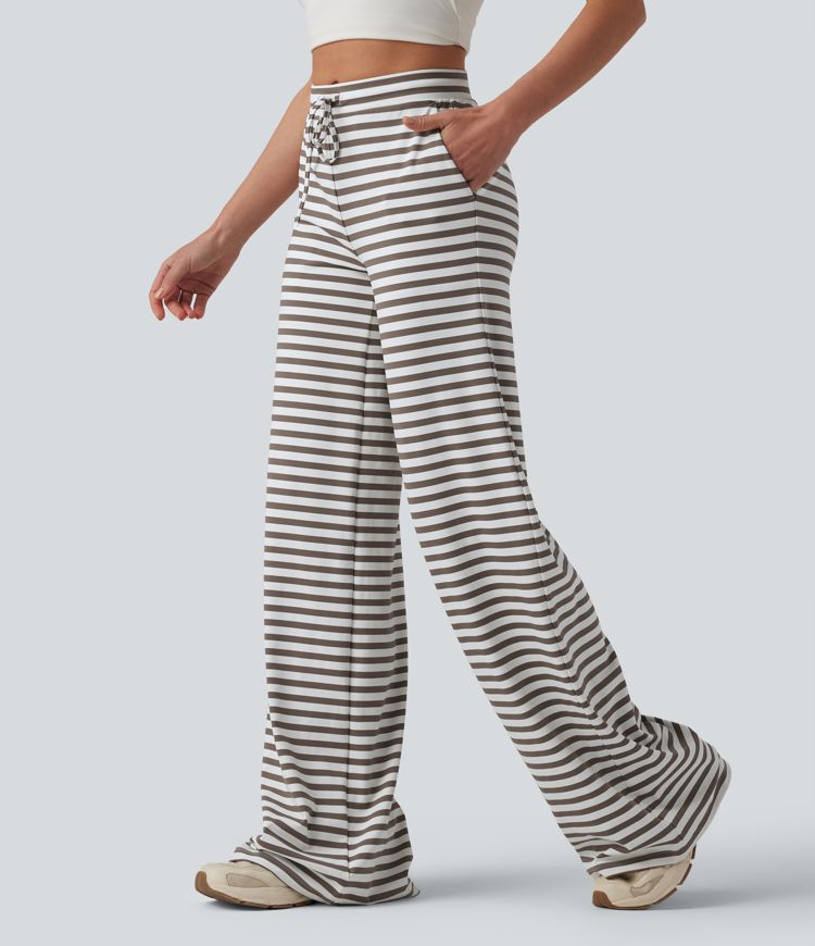Mid Rise Drawstring Wide Leg Stripe Yoga Pants with Pockets