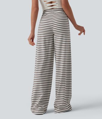 Mid Rise Drawstring Wide Leg Stripe Yoga Pants with Pockets