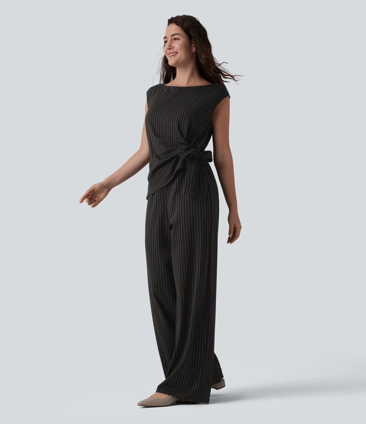 Boat Neck Sleeveless Tie Side Cool Touch Stripe Work Jumpsuit with Pockets-Easy Peezy Edition