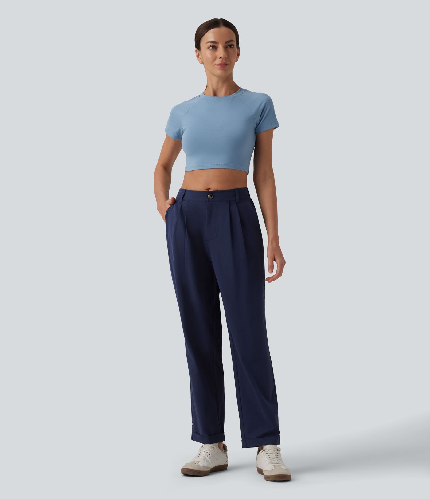 Mid Rise Pleated Rolled Hem 7/8 Stretchy Poplin Casual Tapered Pants with Pockets
