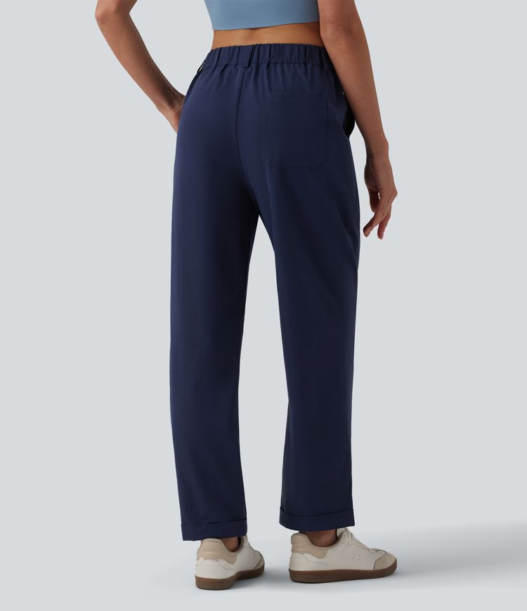 Mid Rise Pleated Rolled Hem 7/8 Stretchy Poplin Casual Tapered Pants with Pockets