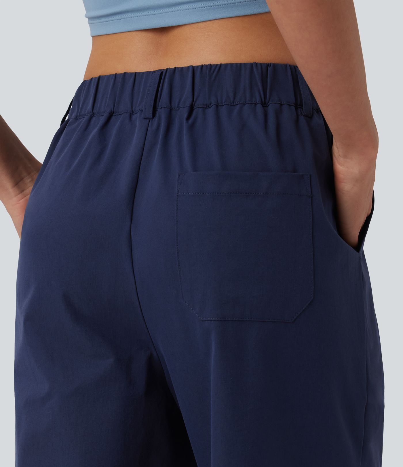 Mid Rise Pleated Rolled Hem 7/8 Stretchy Poplin Casual Tapered Pants with Pockets