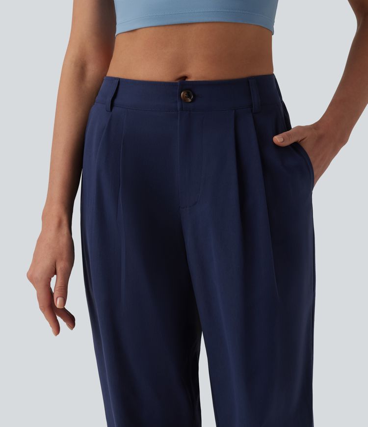 Mid Rise Pleated Rolled Hem 7/8 Stretchy Poplin Casual Tapered Pants with Pockets