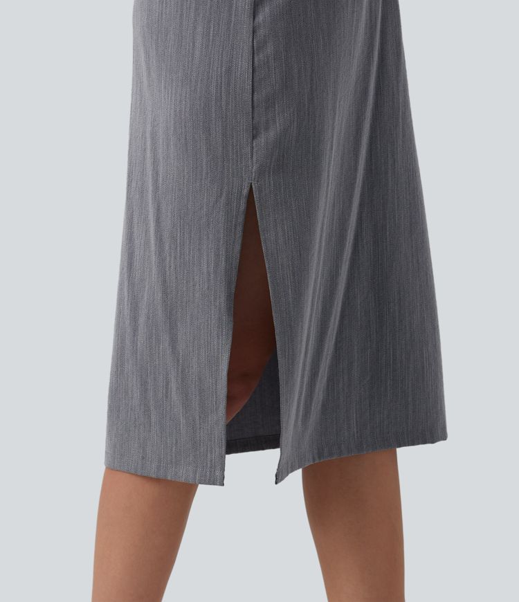 Short Sleeve 2-Piece Midi Work Linen-Feel Shirt Dress