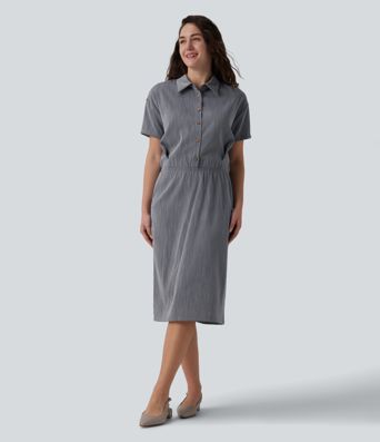 Short Sleeve 2-Piece Midi Work Linen-Feel Shirt Dress