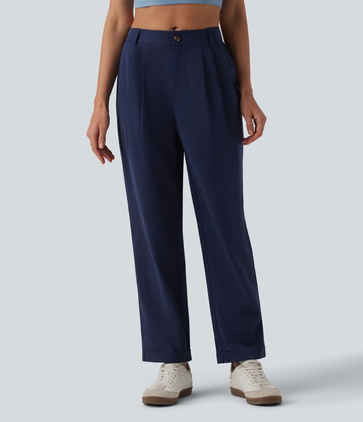 Mid Rise Pleated Rolled Hem 7/8 Stretchy Poplin Casual Tapered Pants with Pockets