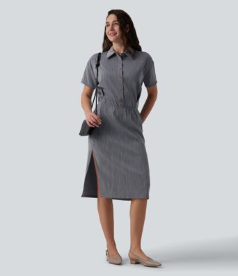 Short Sleeve 2-Piece Midi Work Linen-Feel Shirt Dress