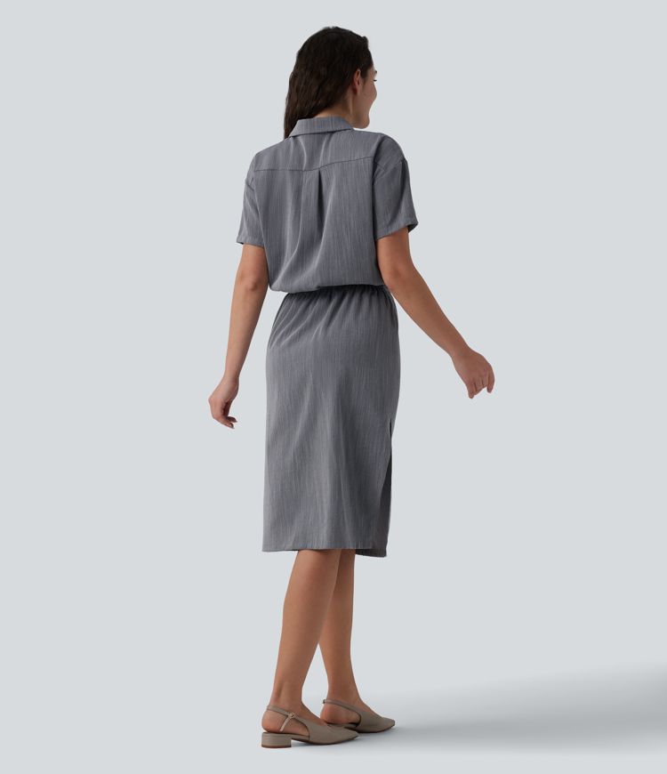 Short Sleeve 2-Piece Midi Work Linen-Feel Shirt Dress