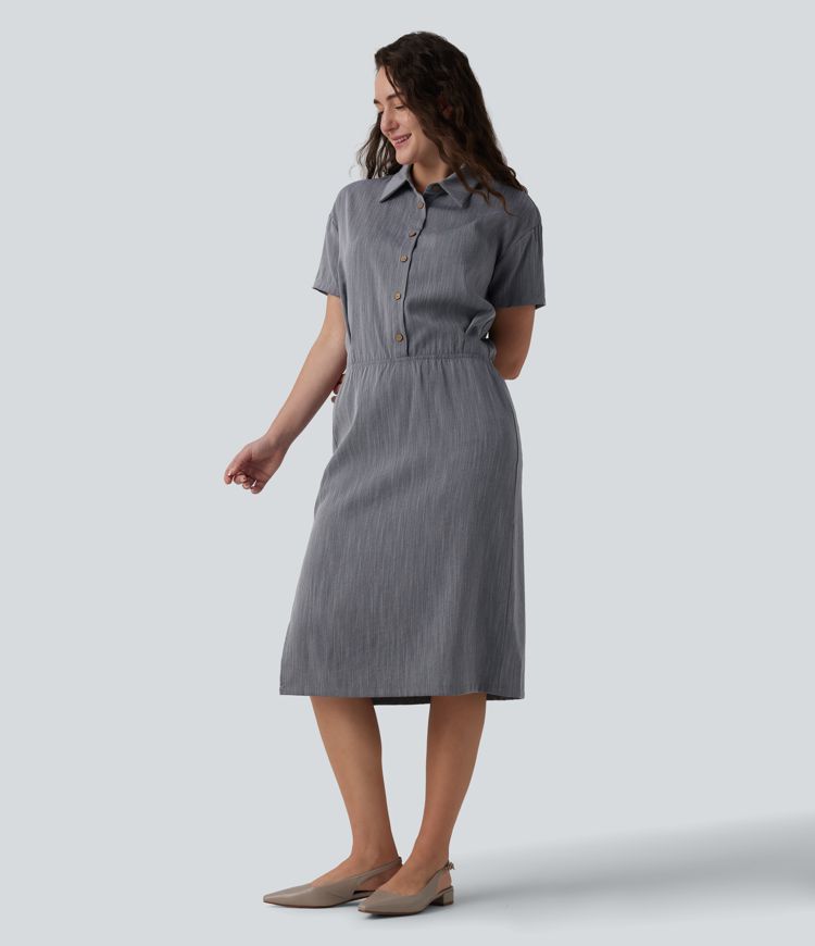 Short Sleeve 2-Piece Midi Work Linen-Feel Shirt Dress