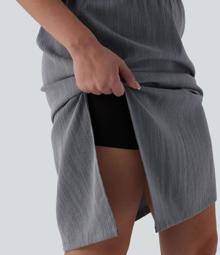 Short Sleeve 2-Piece Midi Work Linen-Feel Shirt Dress