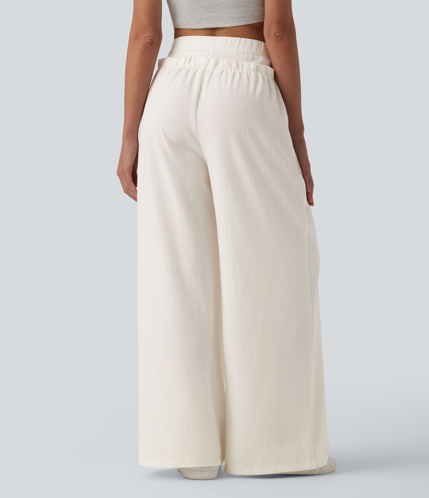 Lässige Baggy-Hose in Leinenoptik mit hohem Bund, Seitentaschen und Rüschendesign