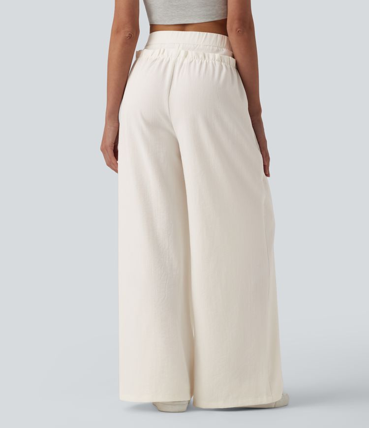 Lässige Baggy-Hose in Leinenoptik mit hohem Bund, Seitentaschen und Rüschendesign