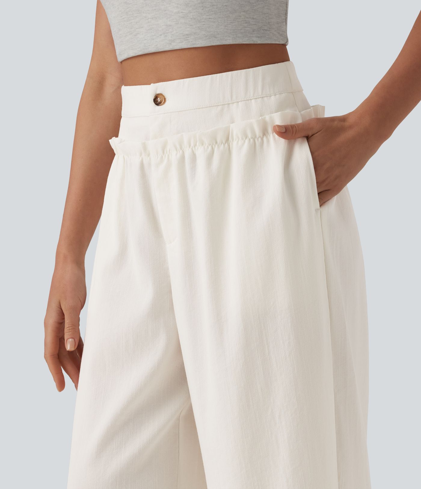 Lässige Baggy-Hose in Leinenoptik mit hohem Bund, Seitentaschen und Rüschendesign