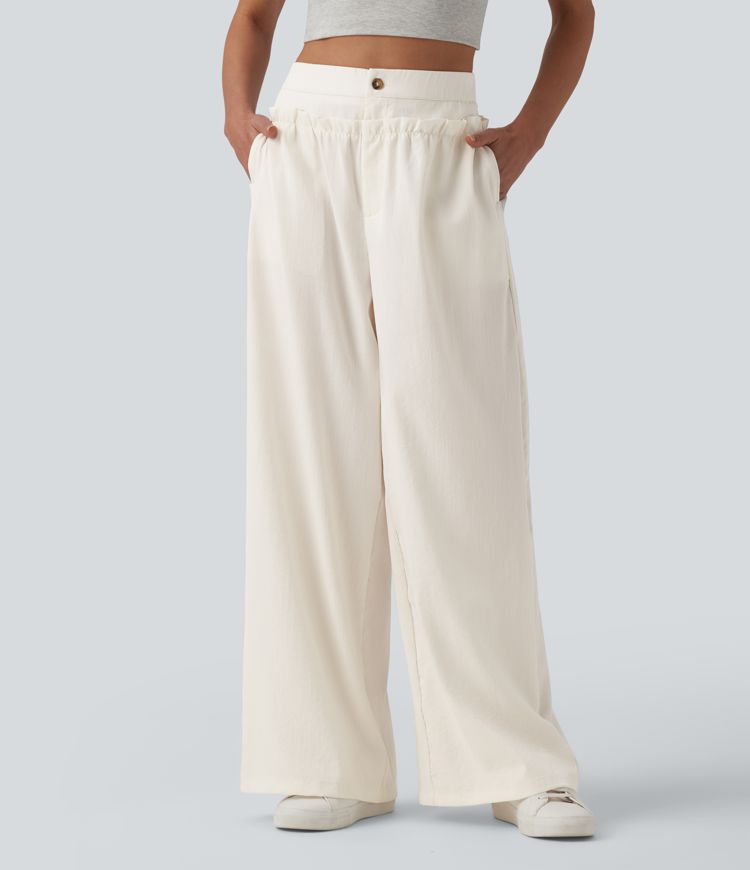 Lässige Baggy-Hose in Leinenoptik mit hohem Bund, Seitentaschen und Rüschendesign