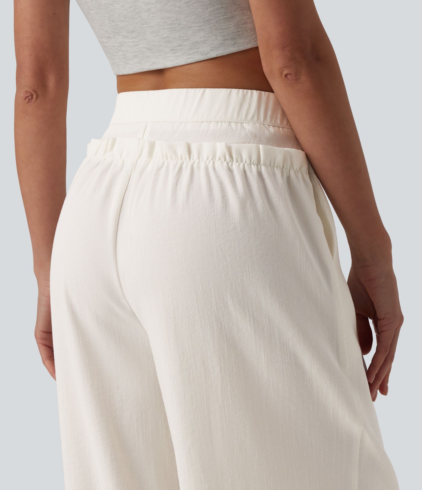 Lässige Baggy-Hose in Leinenoptik mit hohem Bund, Seitentaschen und Rüschendesign