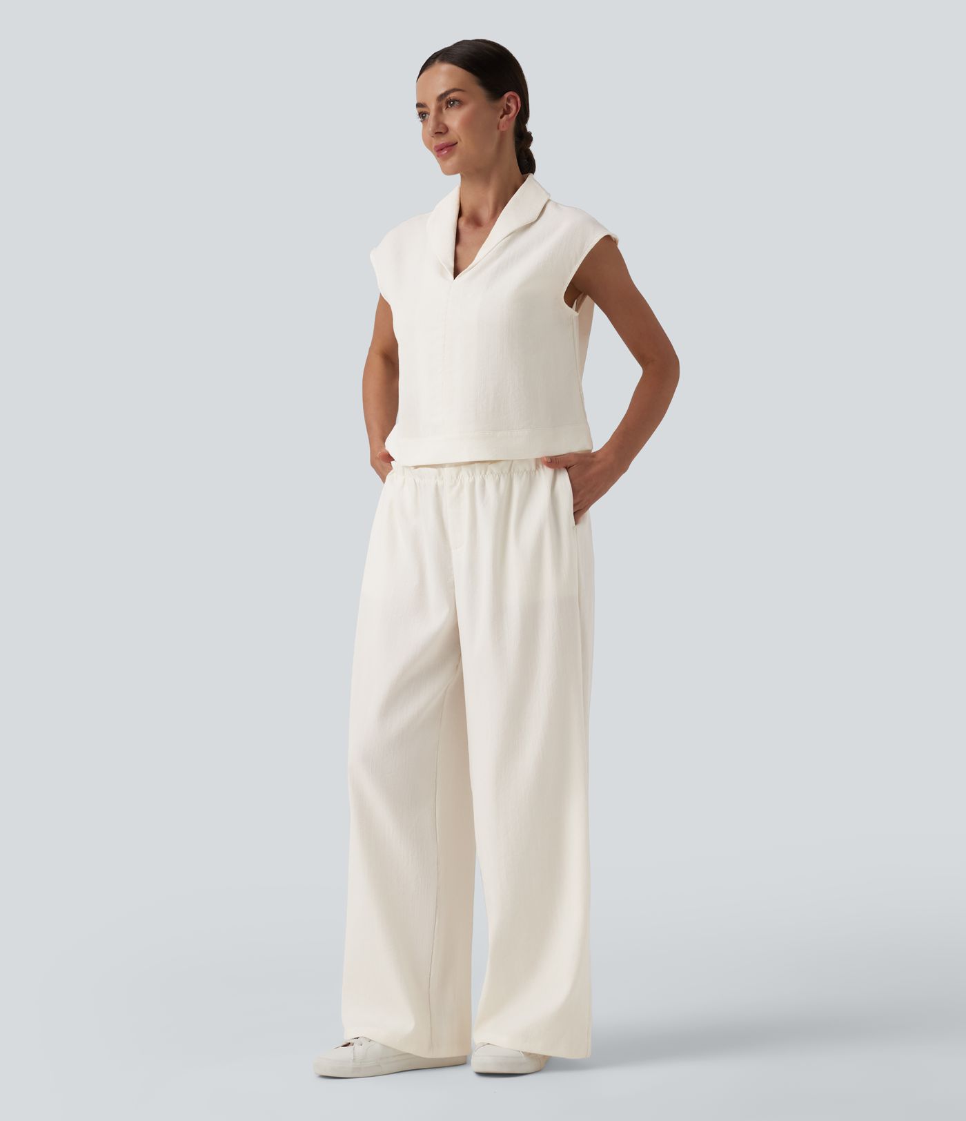 Lässige Baggy-Hose in Leinenoptik mit hohem Bund, Seitentaschen und Rüschendesign