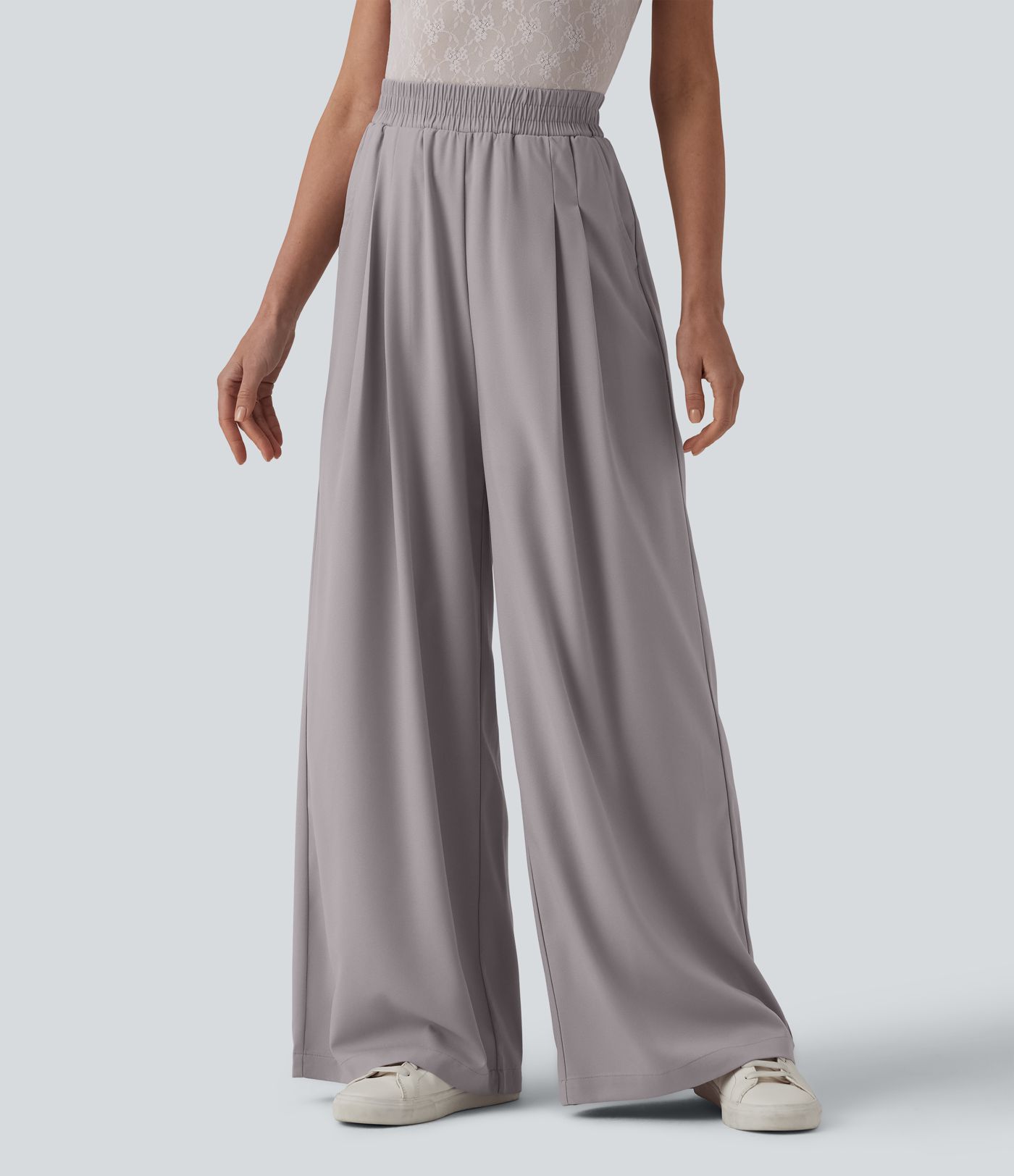 Pantalon décontracté en chiffon, taille haute, à jambes larges, résistant aux plis, avec poches