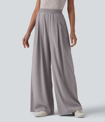 Pantalon décontracté en chiffon, taille haute, à jambes larges, résistant aux plis, avec poches
