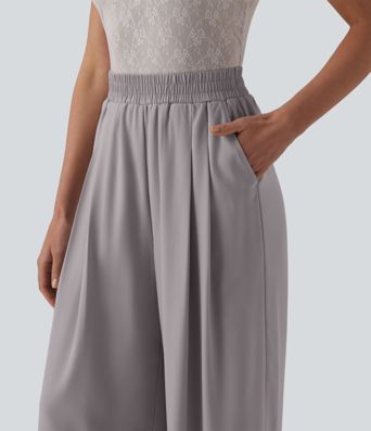 Pantalon décontracté en chiffon, taille haute, à jambes larges, résistant aux plis, avec poches