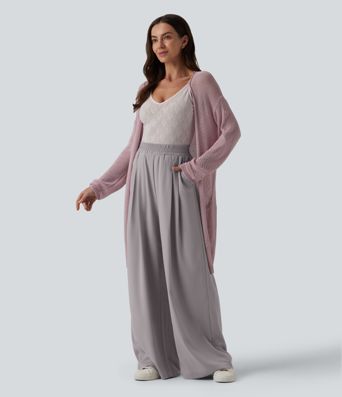 Pantalon décontracté en chiffon, taille haute, à jambes larges, résistant aux plis, avec poches