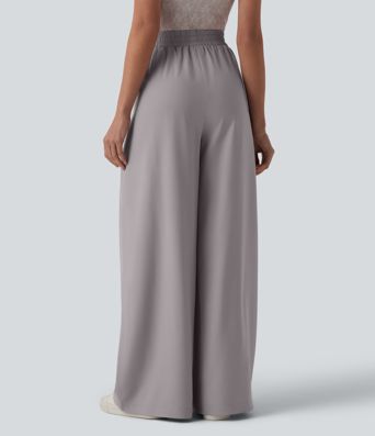 Pantalon décontracté en chiffon, taille haute, à jambes larges, résistant aux plis, avec poches