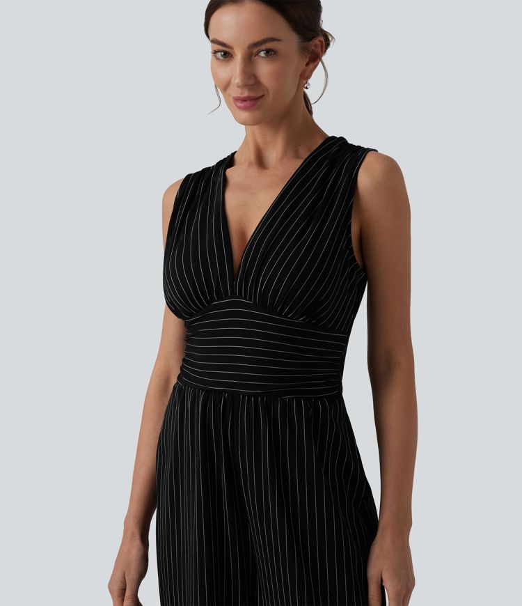 V Neck Sleeveless Ruched Stripes Work Jumpsuit with Pockets-Easy Peezy