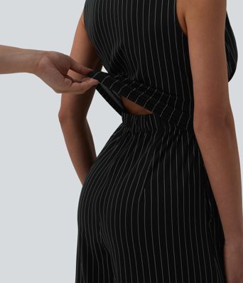 V Neck Sleeveless Ruched Stripes Work Jumpsuit with Pockets-Easy Peezy