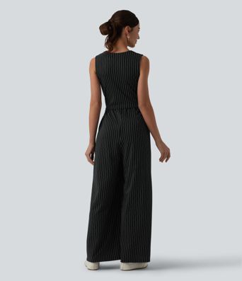 V Neck Sleeveless Ruched Stripes Work Jumpsuit with Pockets-Easy Peezy