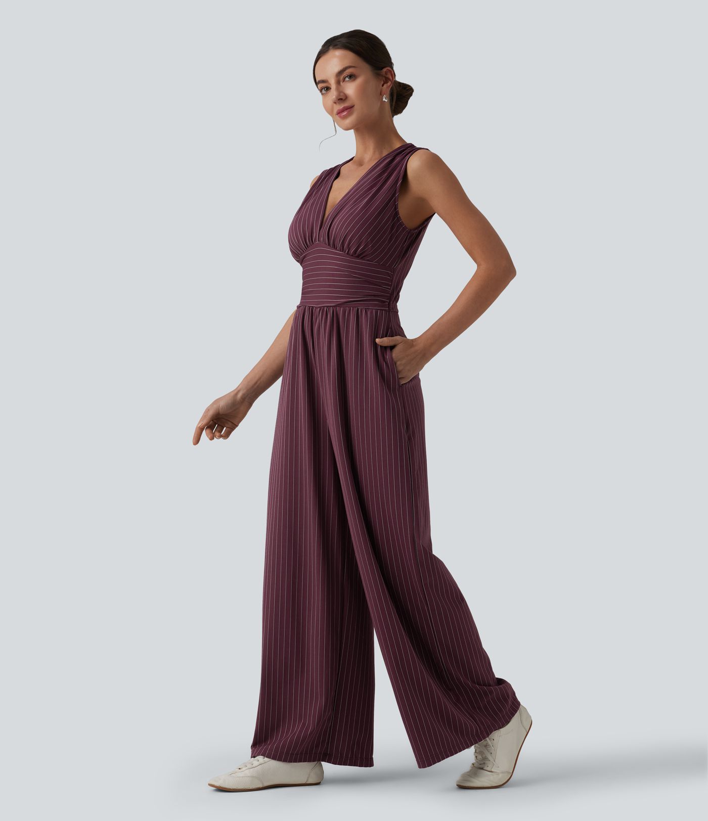 Combinaison tailleur col V sans manches à rayures et fronces avec poches - Easy Peasy