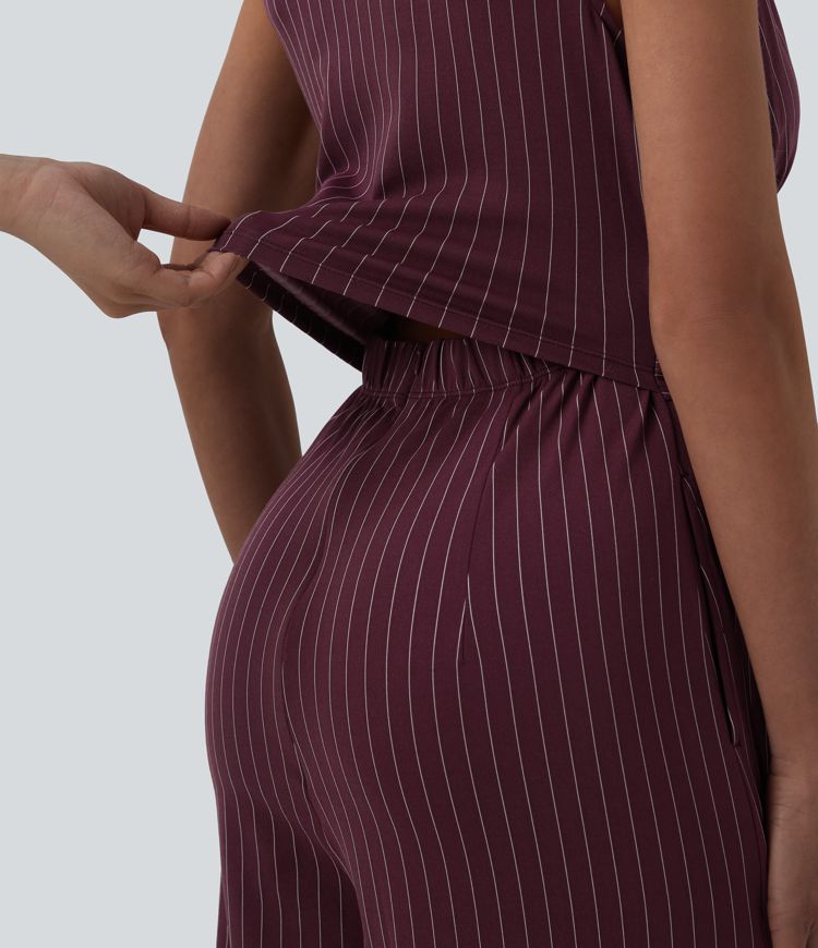 Combinaison tailleur col V sans manches à rayures et fronces avec poches - Easy Peasy