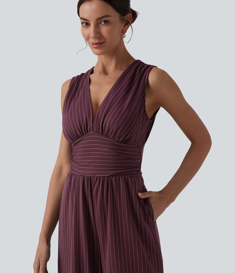 Combinaison tailleur col V sans manches à rayures et fronces avec poches - Easy Peasy