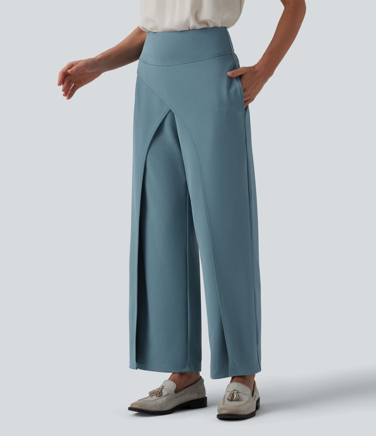 Halara Flex™ High Waisted Crossover Straight Leg Crepe Work Trousers with Pockets